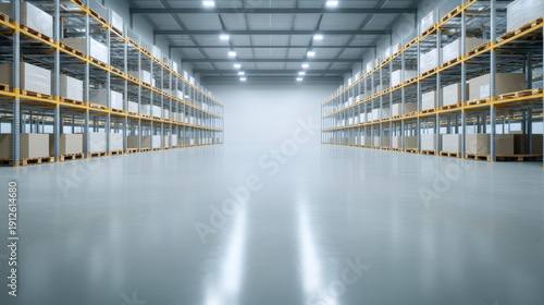 Empty pallet racking system in new warehouse with bright lighting and organized storage shelves creating spacious industrial environment