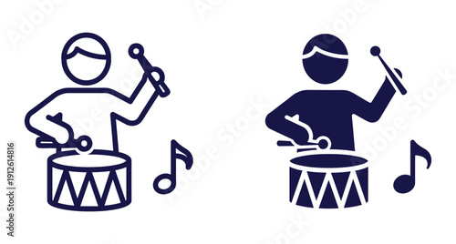 Minimalist line and solid icons of a musician hitting a snare drum