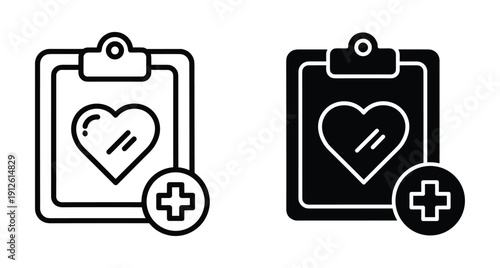 Healthcare clipboard icons featuring heart symbol and medical cross for patient data