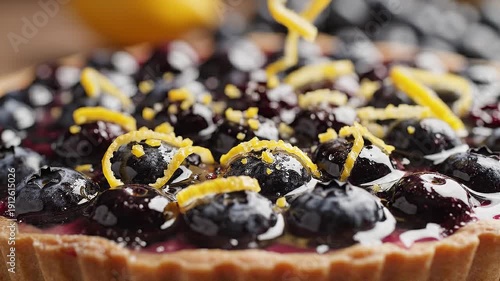 Close-up of a dessert tart filled with glossy blueberries and topped with vibrant yellow lemon zest featuring a textured pastry crust