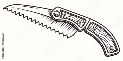 A black and white vector illustration of a folding handsaw with a wooden handle