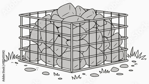 A wire mesh cage filled with rocks and stones on a grassy surface