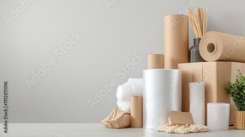 Packing materials with bubble wrap roll and cardboard boxes on table with plant and paper roll