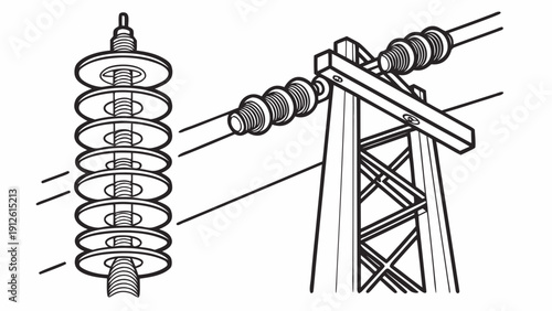 A detailed vector illustration of a power transmission tower with insulators and wires