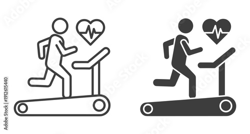 Fitness icon set showing man exercising on treadmill with cardiovascular pulse symbol