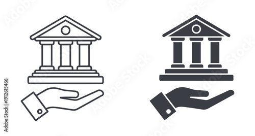 Hand supporting a classical building icon for banking and government financial services