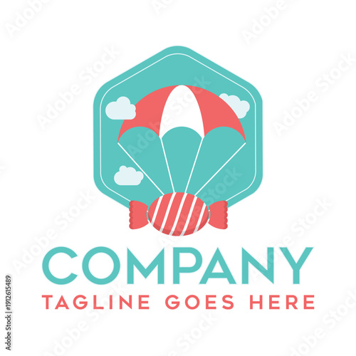 Candy parachute logo design featuring a striped sweet descending through clouds in a teal hexagon frame with company text placeholder perfect for confectionery branding and delivery service icons