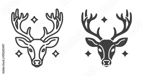 Minimalist deer head stag antlers icon set with stars in line style