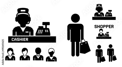 flat pixelated icons of retail cashiers diverse staff and shoppers with bags illustrating commercial transactions and customer service.