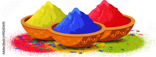 Holi color powder bowls illustration, perfect for greeting cards, festival banners, social media posts, marketing promotions, event flyers