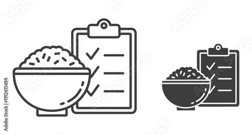 Rice bowl and clipboard checklist icon representing healthy diet planning and nutrition