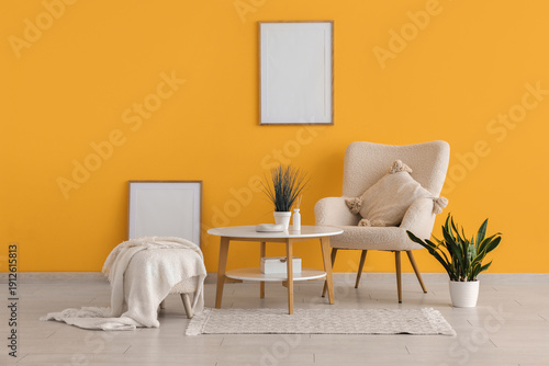 Coffee table, armchair and ...