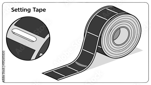 A black and white vector illustration of a roll of setting tape with a close-up view of the tape's design.