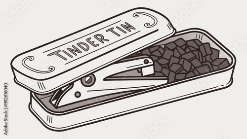 A vector graphic illustration of a tinder tin with a ferrocerium rod and char pieces
