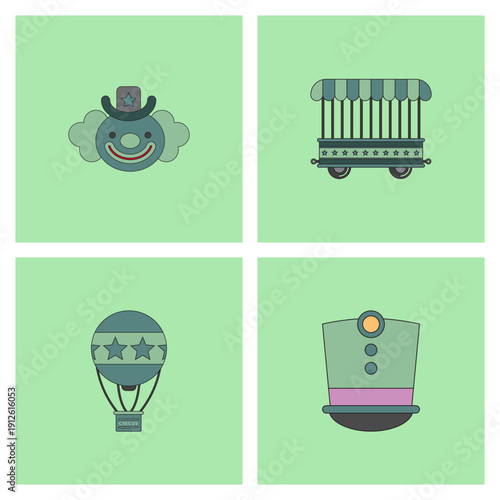 Flat style vector illustration set featuring circus elements including a clown face, cage wagon, hot air balloon, and ringmaster hat on green background.