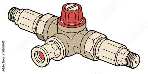 A detailed illustration of a plumbing valve with a red handle and multiple connections.