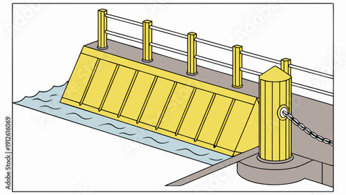 A vector graphic illustration of a yellow floating barrier docked at a pier with a chain and bollard.