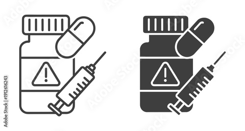 Healthcare icons featuring medicine bottle with warning label capsule and injection syringe