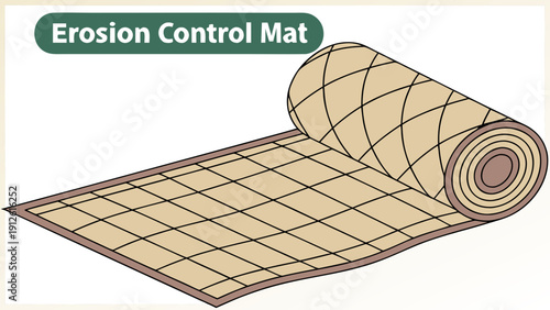 An illustration of an erosion control mat, a rolled-up beige mat with a grid pattern, used for soil stabilization and landscaping.