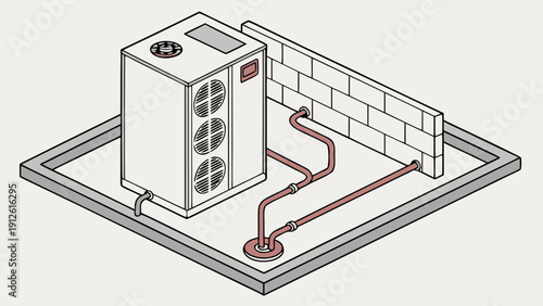 A detailed vector illustration of an air conditioning unit installed on a concrete slab with a brick wall and red pipes