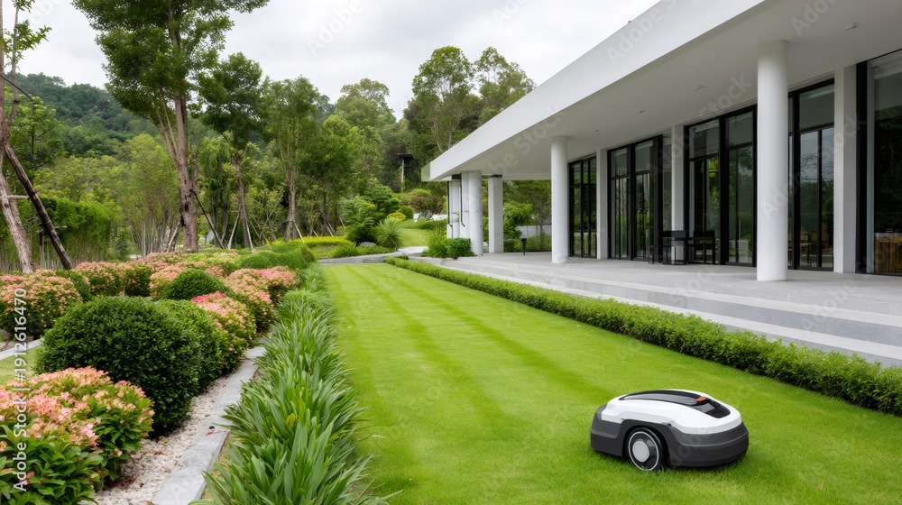 Fototapeta premium Robot lawn mower working on green lawn of modern house