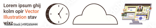 Time management, cloud storage, virtual communication, digital platforms, technology tools, productivity. ion of a clock, cloud and a computer interface. Time management and cloud storage concepts