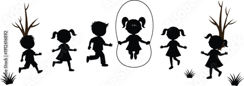 Black silhouette of happy children playing outdoors, jumping rope, running, and having fun in a park, isolated on white background