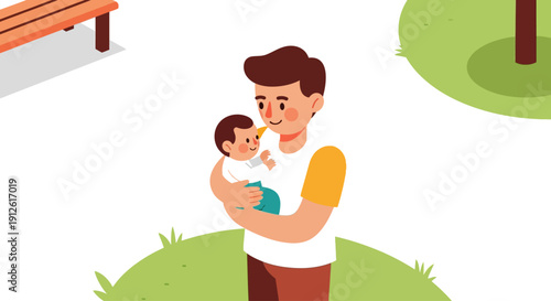 Father holding baby in a park with a bench.
