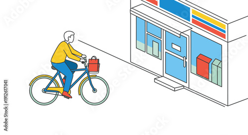 Man riding a bicycle past a modern convenience store.