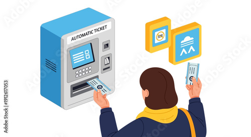 Woman purchasing ticket from automated ticket machine.