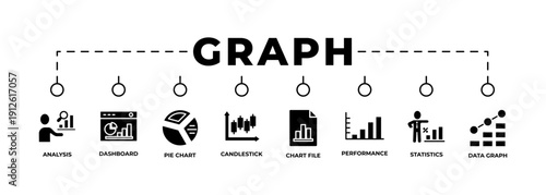 Modern graph and data analytics banner design with clean line icons featuring analysis, dashboard, pie chart, candlestick chart, performance metrics, statistics, and data graphs. Minimal black and whi