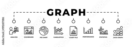 Modern graph and data analytics banner design with clean line icons featuring analysis, dashboard, pie chart, candlestick chart, performance metrics, statistics, and data graphs. Minimal black and whi
