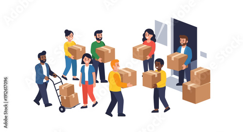Diverse group of people working together to move and deliver cardboard boxes.
