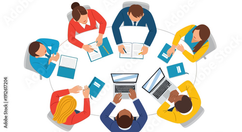 Group of people collaborating around a central laptop.