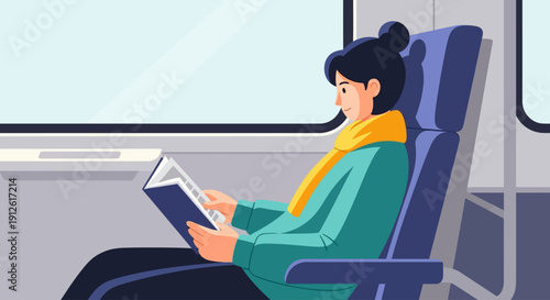 Woman reading a book on a train journey comfortably seated.