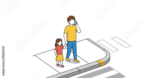 Man and child standing on a map wearing a face mask.