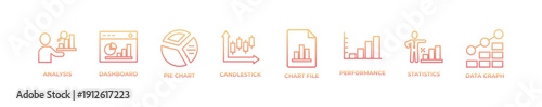 Modern graph and data analytics banner design with clean line icons featuring analysis, dashboard, pie chart, candlestick chart, performance metrics, statistics, and data graphs. Minimal black and whi