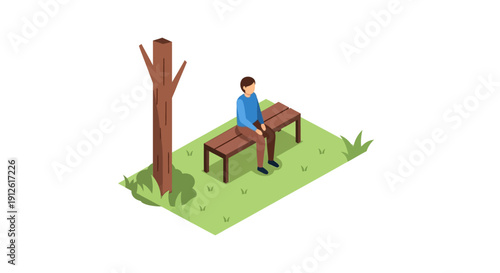 Man sitting alone on a bench in a serene park setting.