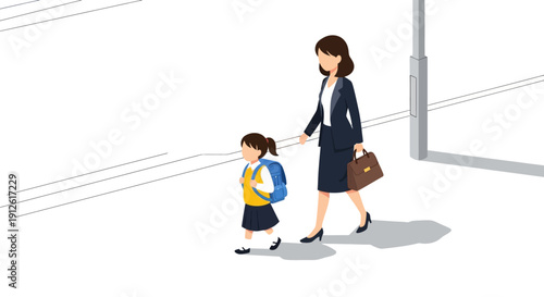 Mother and daughter walking together to school.