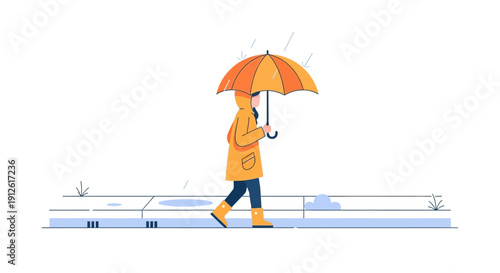 Person walking in the rain with umbrella and raincoat.