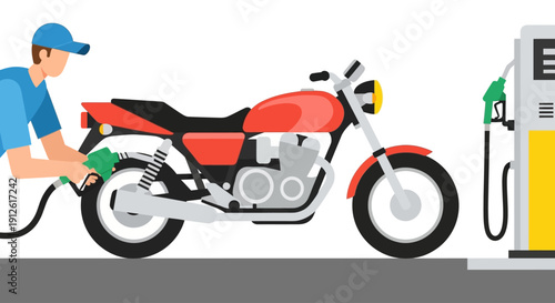 Man refueling red motorcycle at gas pump station.