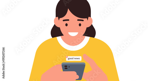 Woman reading good news on her mobile phone with a smile.