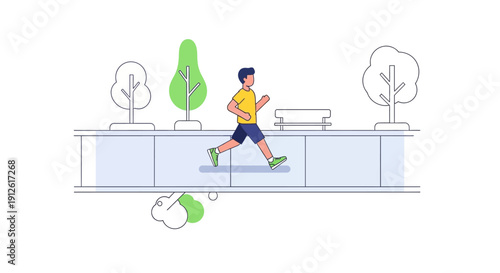 Man jogging on a minimalist illustrated balcony with plants.