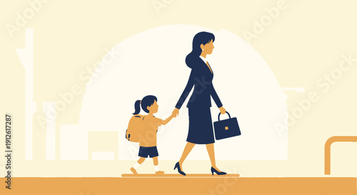 Mother and Child Walking Together in Urban Setting.