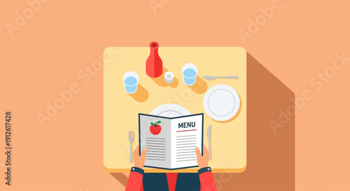 Person sitting at a table reading a menu in a restaurant or cafe setting.