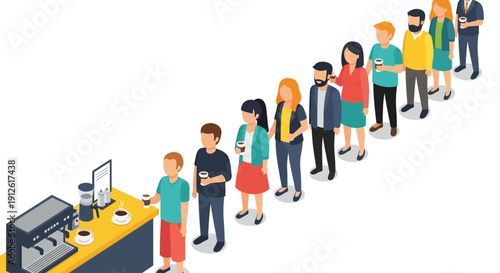 Diverse group of people waiting in line at a counter.