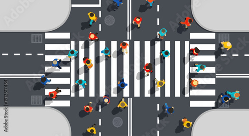 Busy urban crosswalk with pedestrians and vehicles.