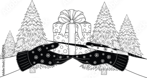 Christmas Coloring Page, Winter Forest Landscape With Gift Box, Mittens Holding Paintbrush, Holiday Scene Line Art, Kids Activity, December Pine Trees
