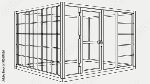 A minimalist line art illustration of a secure metal cage with a locked door