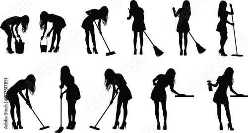 Cleaning woman silhouette vector set, female housekeeper in various poses with broom mop and bucket, maid service character, household chores.